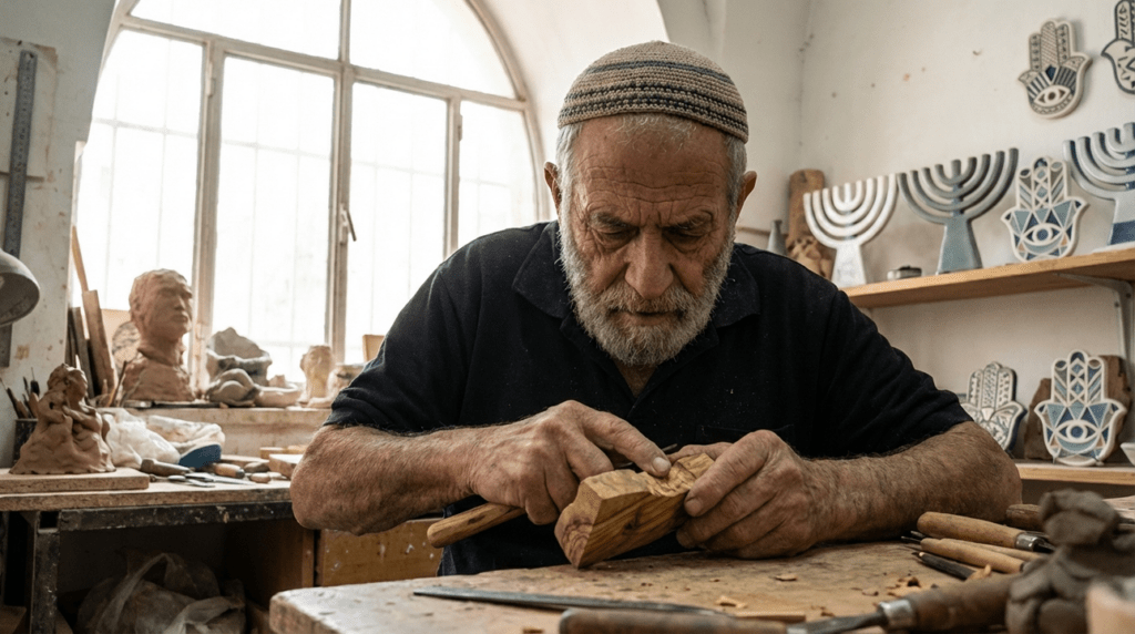 Elderly craftsman in Jerusalem workshop surrounded by modern Jewish art.