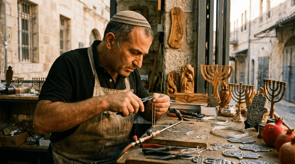 Jewish artisan crafting silver necklace in a cozy Jerusalem workshop.
