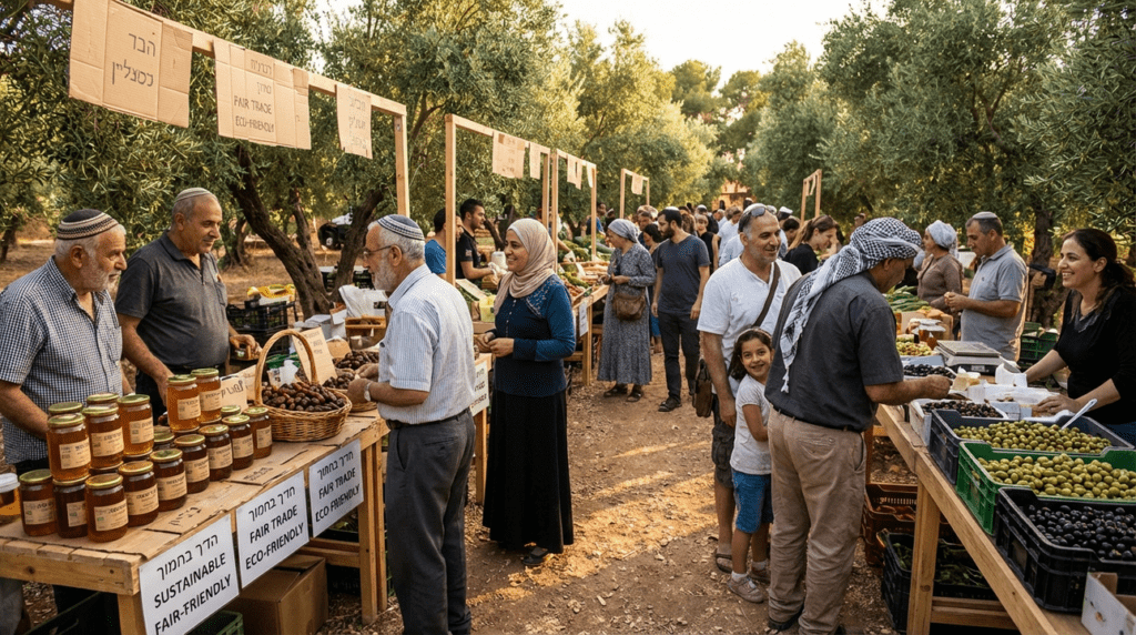 Local market in an olive grove in Israel with diverse vendors.