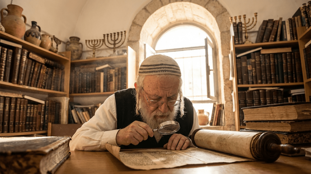 Elderly Jewish man in Jerusalem examines scrolls in sunlit room.