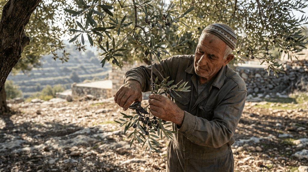 Elderly man in kippah tending olive trees in soft morning light.