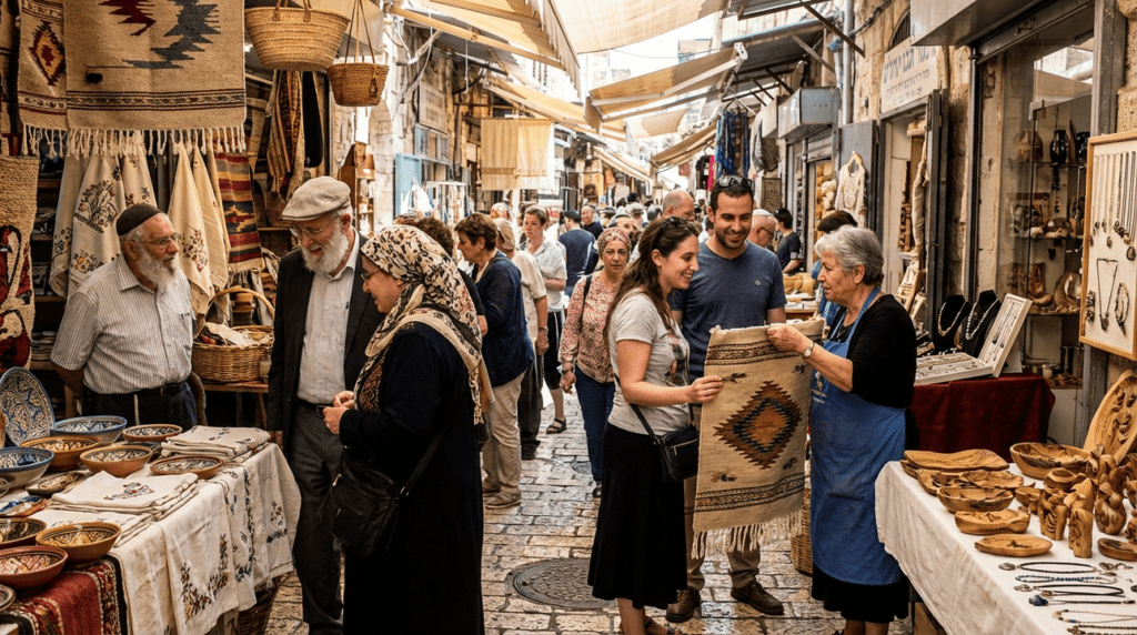 Diverse crowd shopping and interacting at Carmel Market, Tel Aviv.