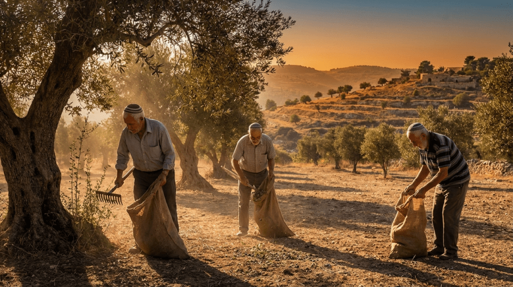 Image illustrating: Three men harvesting olives at sunset in picturesque landscape.