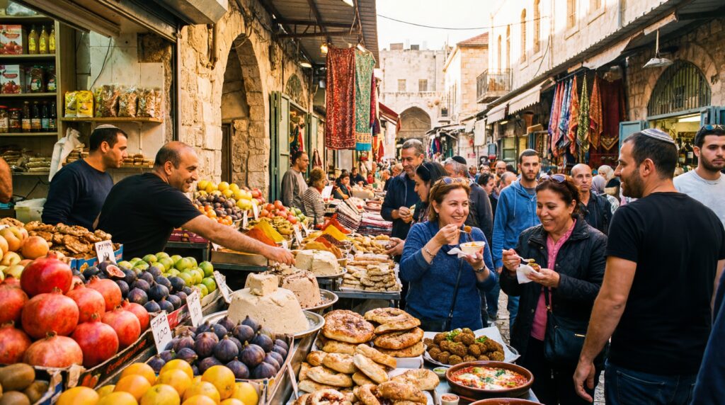 Assorted Israeli dishes and beverages