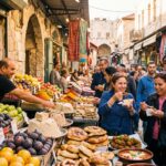 Assorted Israeli dishes and beverages