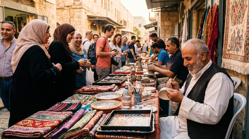 Colorful Israeli market showcasing traditional crafts and foods