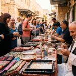 Colorful Israeli market showcasing traditional crafts and foods