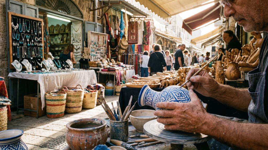 A collection of handcrafted Israeli products and crafts displayed elegantly