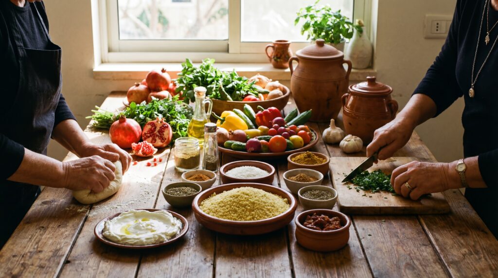 A vibrant spread of Israeli dishes with fresh ingredients