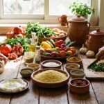 A vibrant spread of Israeli dishes with fresh ingredients