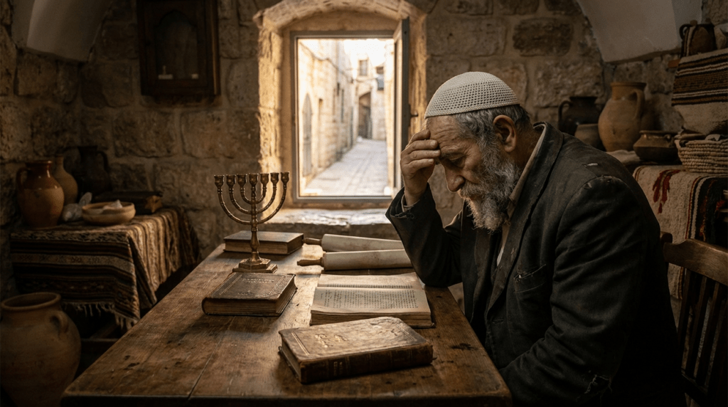 Elderly Jewish man in kippah, contemplating at a table with menorah.