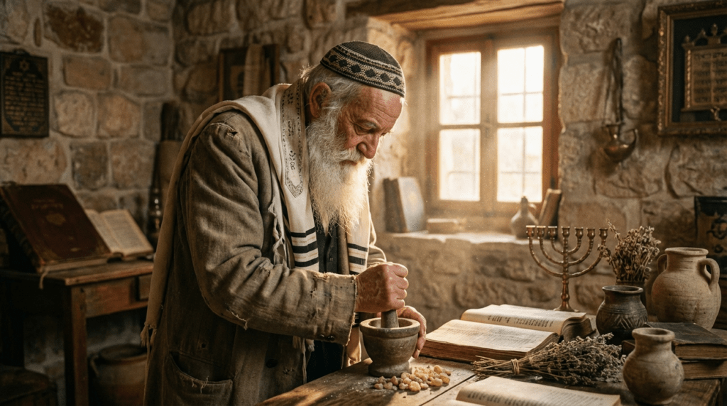 Elderly Jewish man prepares frankincense in traditional attire in Jerusalem.