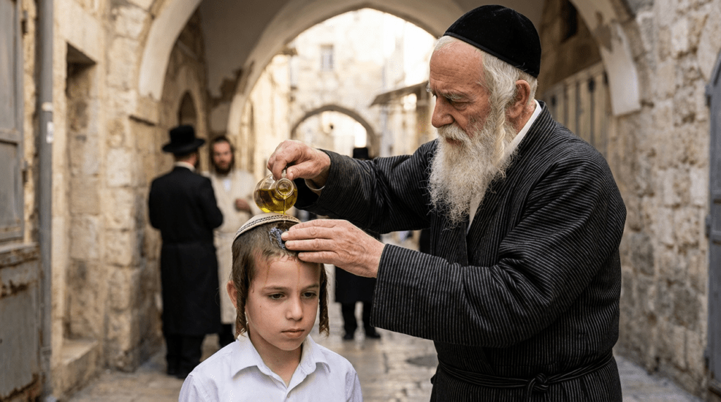 Elderly rabbi anointing young boy's head with oil in Jerusalem.