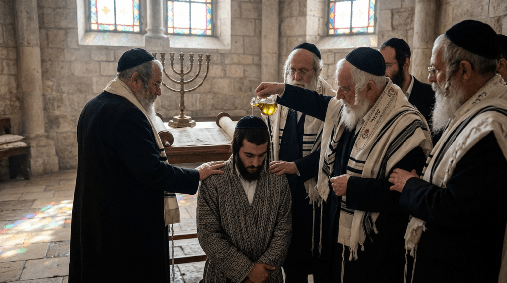 Elderly Jewish men anointing young priest in traditional synagogue.