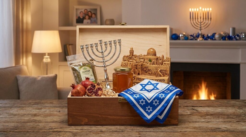 Image illustrating: Open wooden box with menorah, pomegranates, and Israeli-themed items.