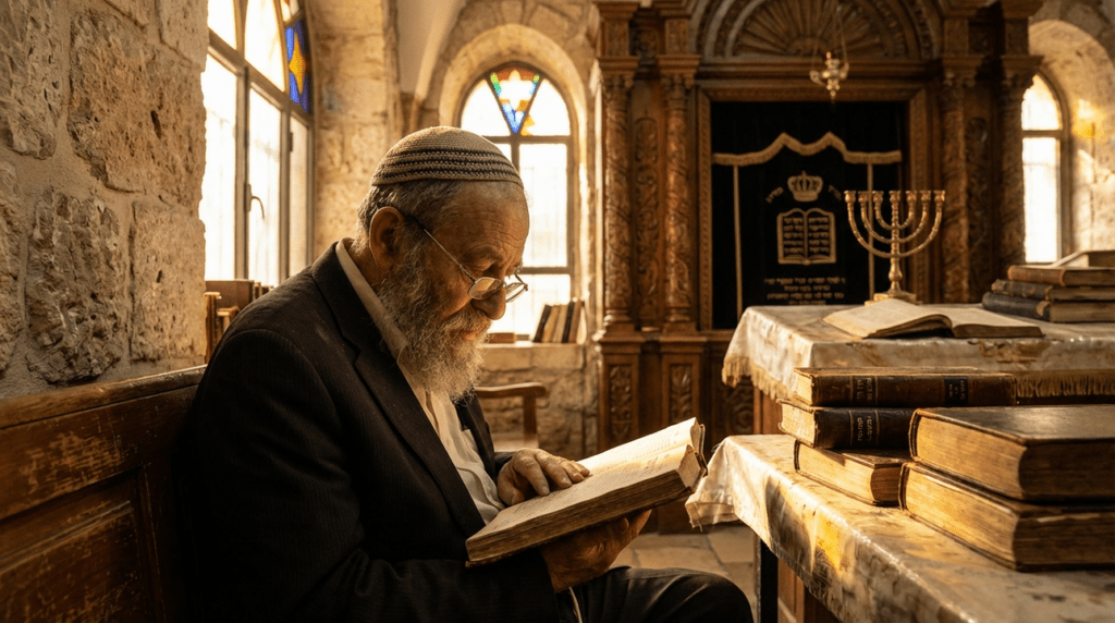 Elderly Jewish man reading scripture in a historic Jerusalem synagogue.