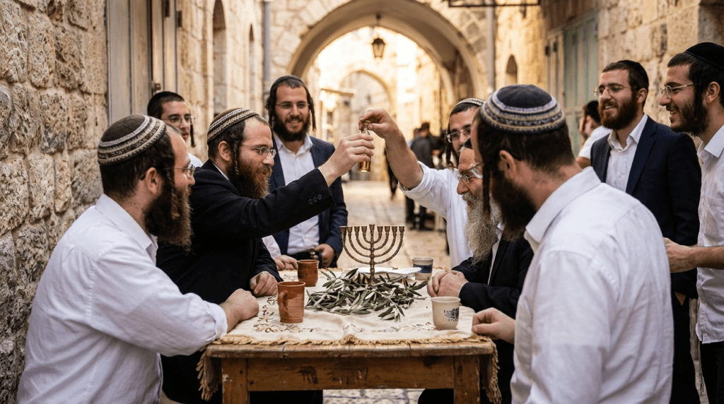 Jewish men in kipas at anointing ceremony in Jerusalem alley.