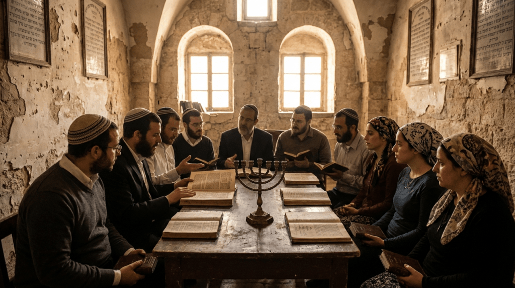 Group studying Exodus in ancient Jerusalem synagogue with menorah visible.