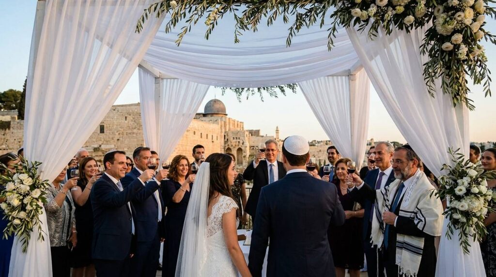 Bride and groom under a chuppah, guests with wine, Jerusalem backdrop.