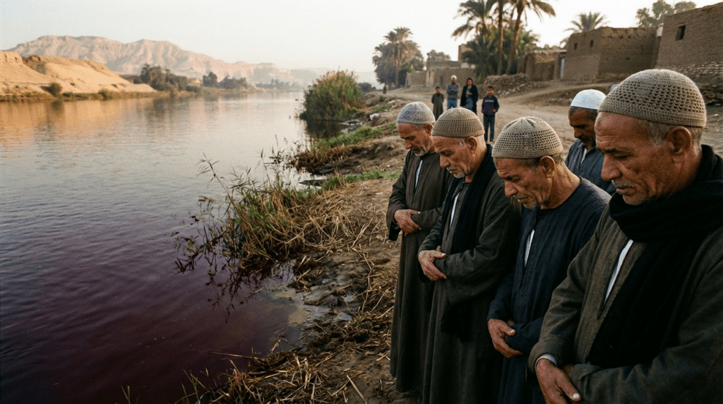 Elderly Jewish men praying at blood-red Nile riverbank at dawn.