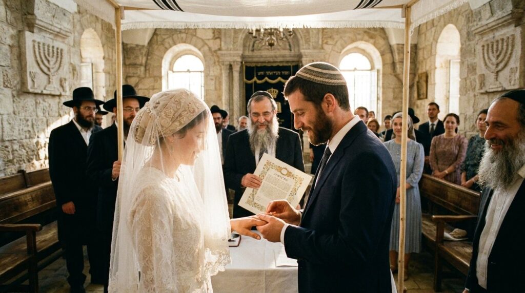 Groom placing ring on bride's finger in ancient Jerusalem synagogue.