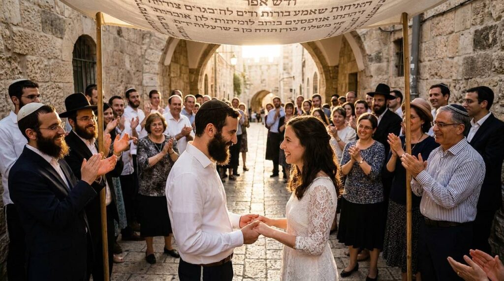 Couple exchanges rings under a chuppah in an ancient alley.
