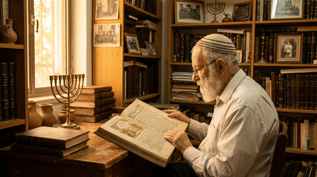 Elderly Jewish man in kippah reading ancient text in study room.