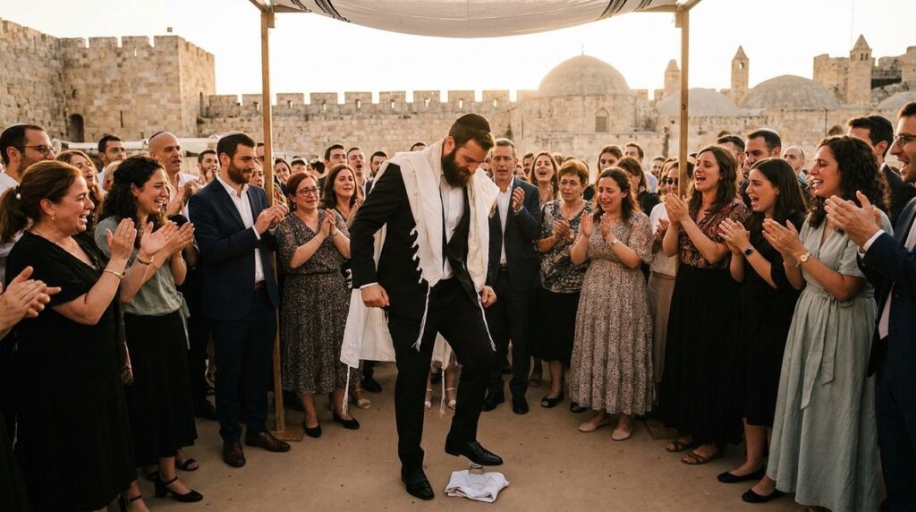Groom stepping on a glass at a Jewish wedding in Jerusalem.