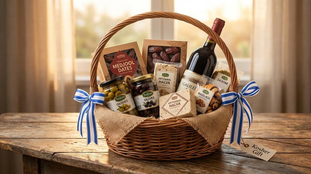 Image illustrating: Wicker basket with wine, olives, halva, dates, and spices.