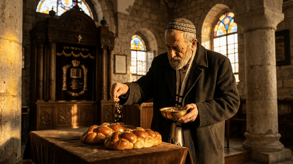 Elderly Jewish man placing frankincense on bread in ornate synagogue.