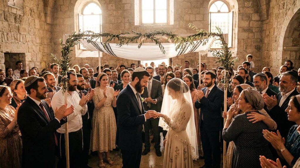 Bride and groom under chuppah in Jerusalem stone synagogue.