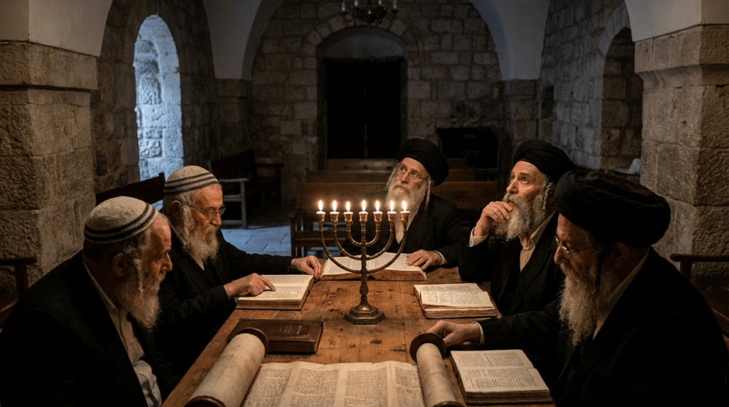 Devout individuals studying sacred texts by menorah light in ancient synagogue.
