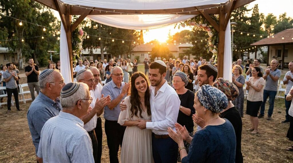 Jewish wedding under chuppah with community, sunset in kibbutz.