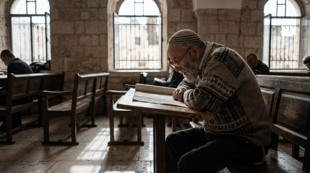 Elderly Jewish man reading Torah in stone synagogue, morning light.
