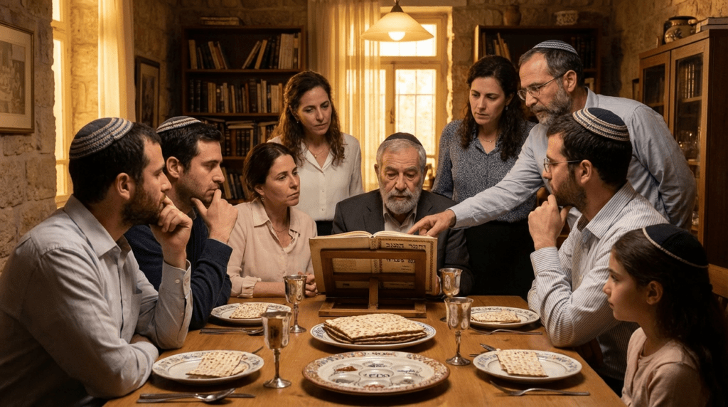 Family gathered around a table during a Passover Seder in Israel.