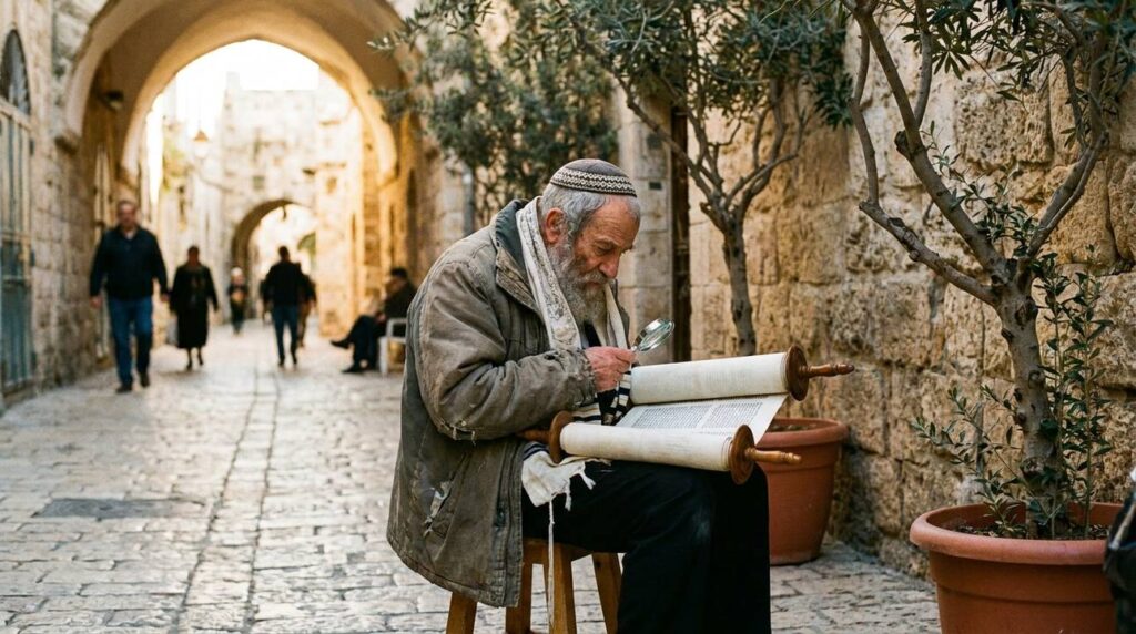 Elderly Jewish man wearing a kippah reads Torah in Jerusalem alley.