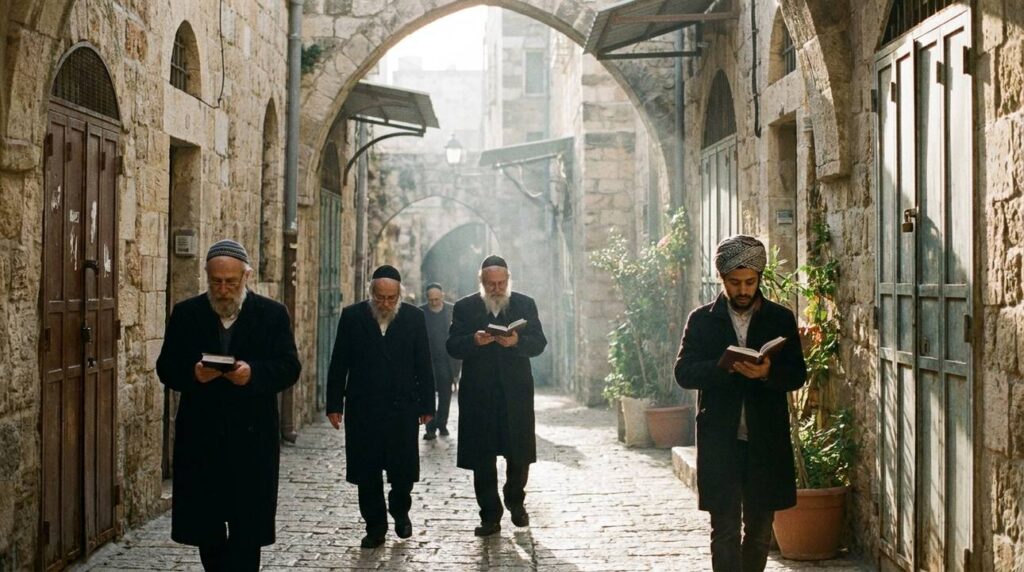 Morning light illuminates Jerusalem's narrow streets with locals praying.