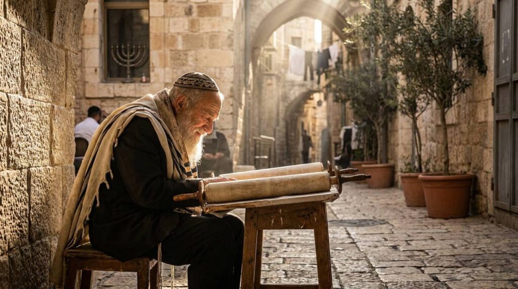 Elderly Jewish man reading Torah in sunlit Jerusalem alleyway.