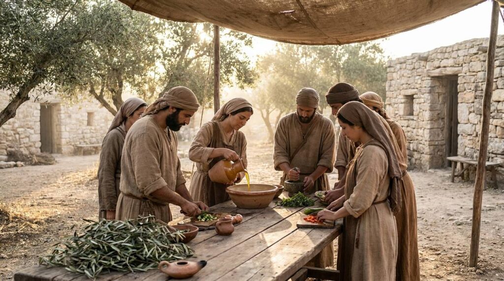 Group of people in traditional attire preparing meal in village.