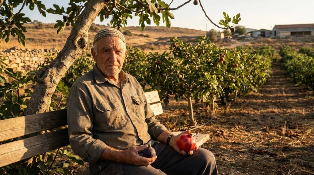 Elderly Jewish man holding fig and pomegranate under a fig tree.