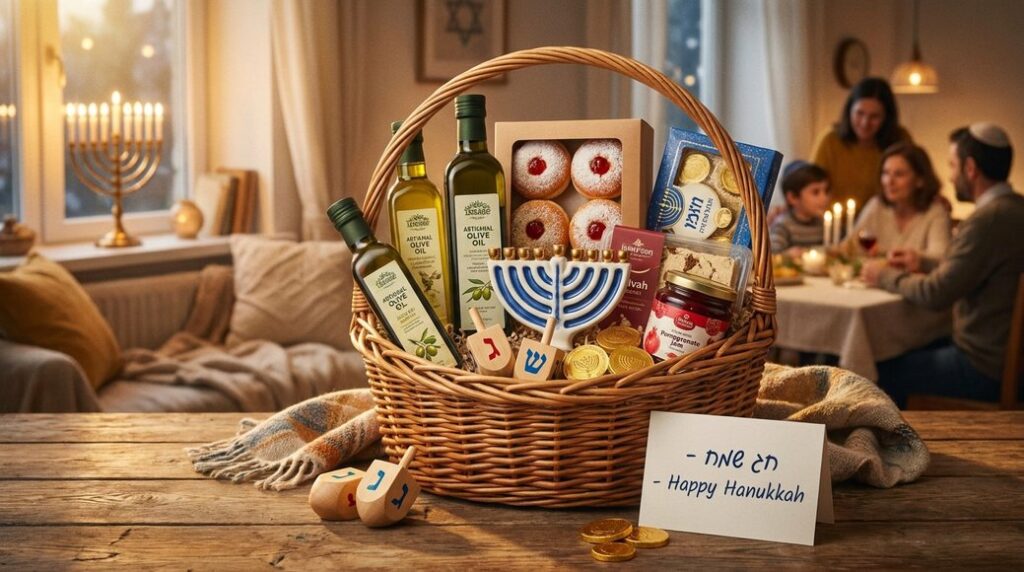 Image illustrating: Basket with Hanukkah treats and menorah, family celebrating in background.