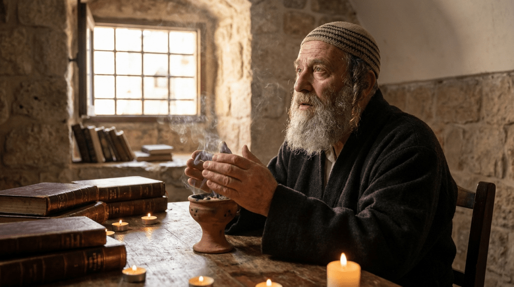 Elderly Jewish man praying among candles and texts in Jerusalem.