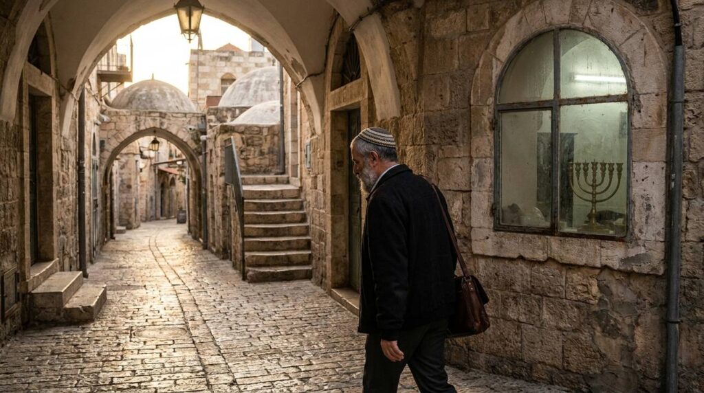 Early morning in Jerusalem with a man walking by a menorah.