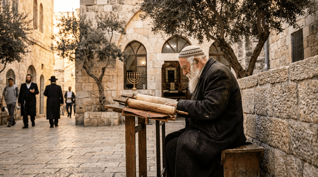 Elderly Jewish man reading biblical texts outside a stone synagogue.