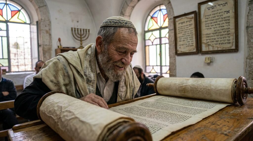 Elderly Jewish man in kipa reading Torah in Jerusalem synagogue.