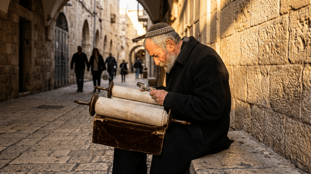 Elderly Jewish man in kipa reads Torah in Jerusalem alley.