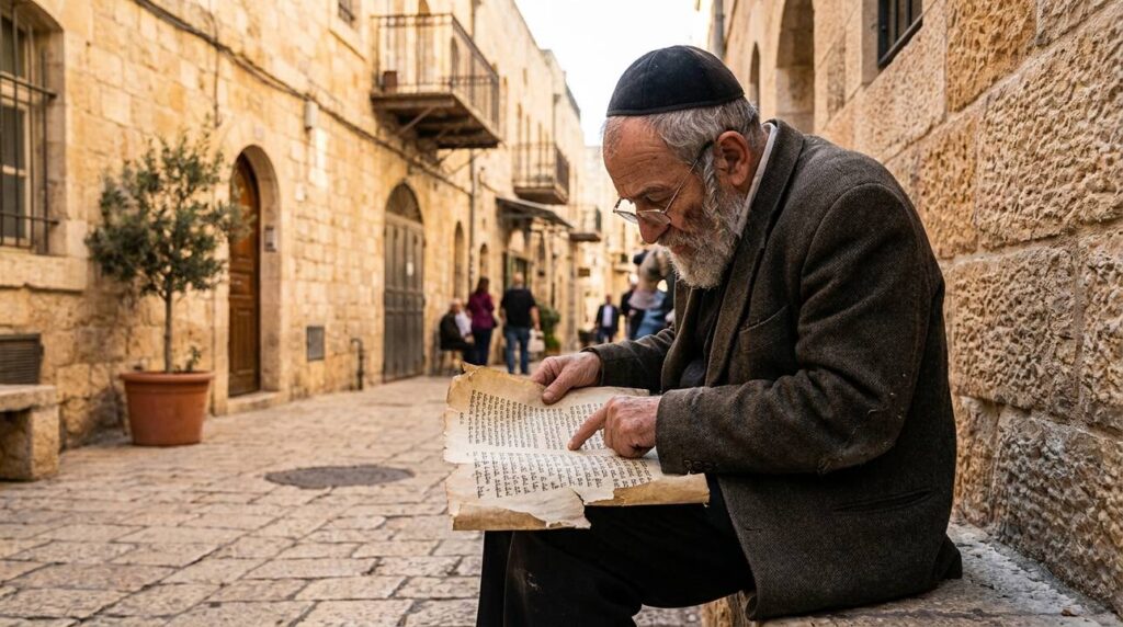 Elderly Jewish man in Jerusalem reading ancient scroll on cobblestone street.