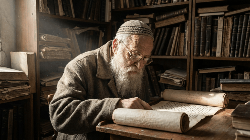 Elderly Jewish man reading ancient scroll in rustic study room.