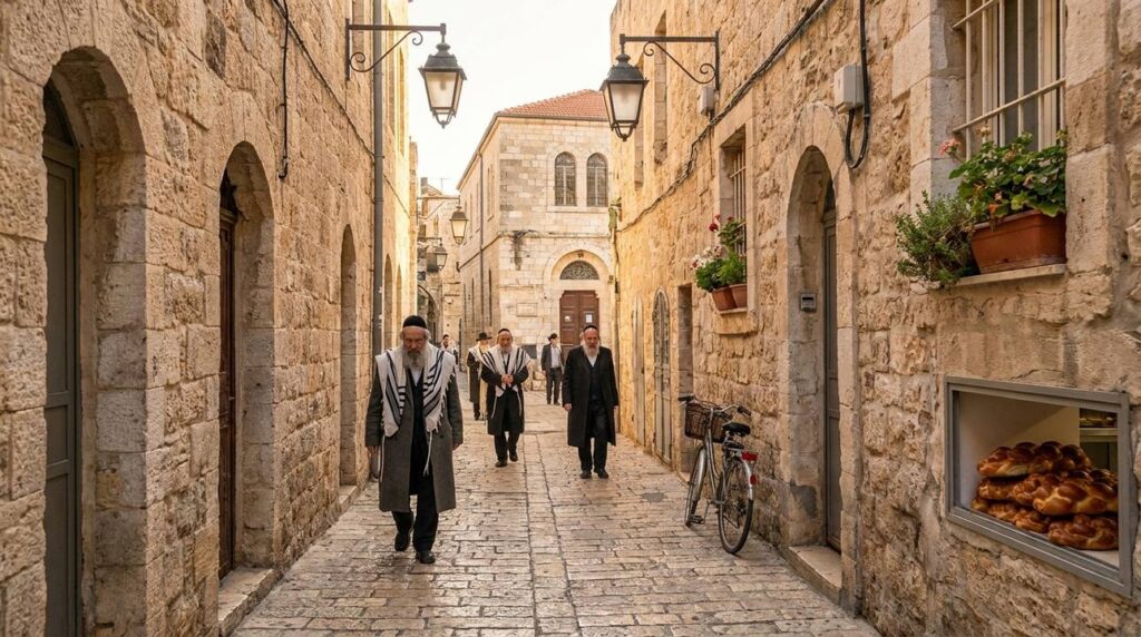 Elderly Jewish men walking to synagogue in cobblestoned Jerusalem alley.