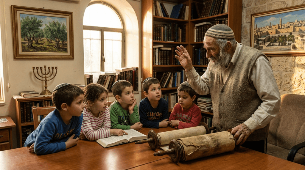 Elderly Jewish man teaches children about Torah in a cozy study.